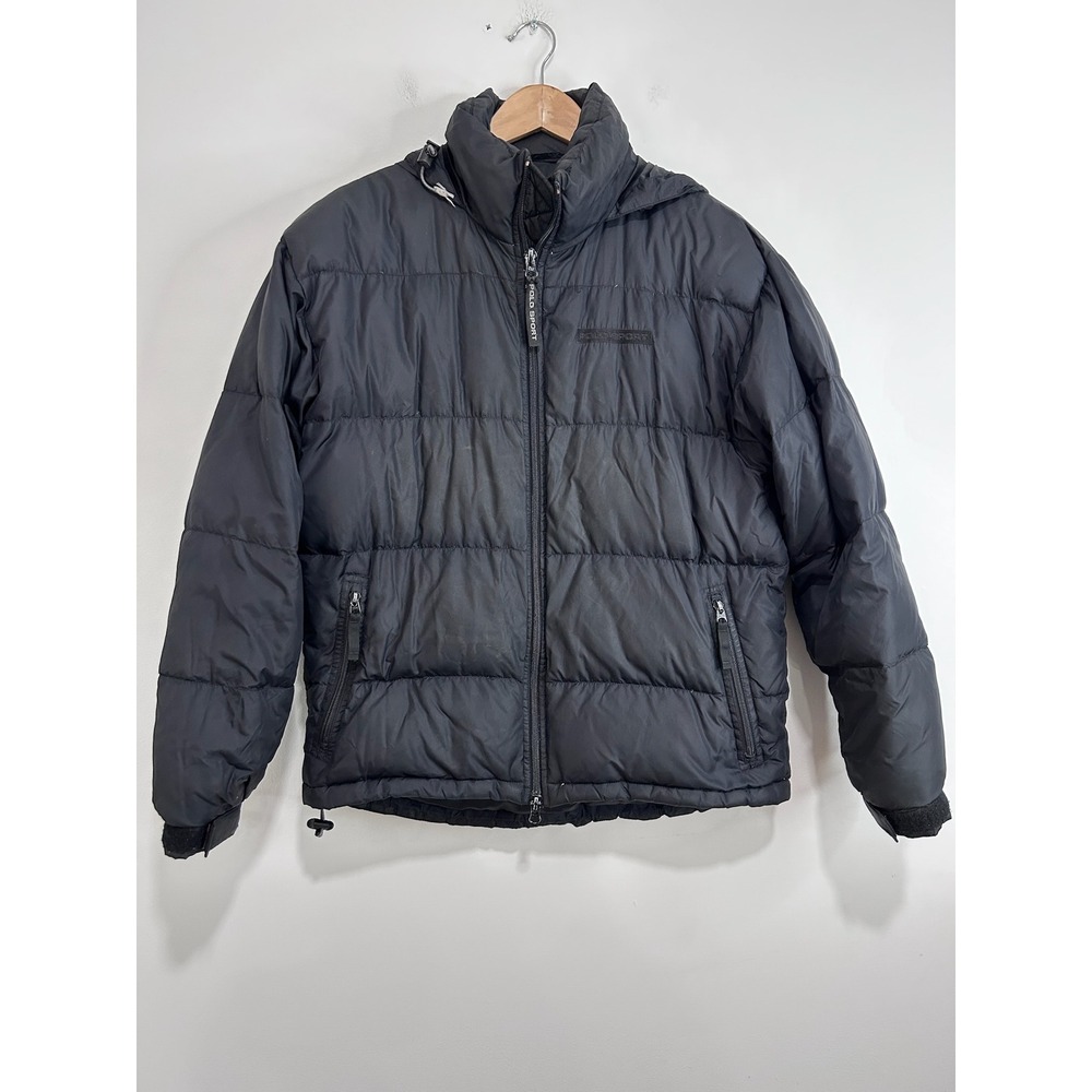 VTG Polo Sport Ralph Lauren Mens Black Down Puffer Jacket Hooded Size Small